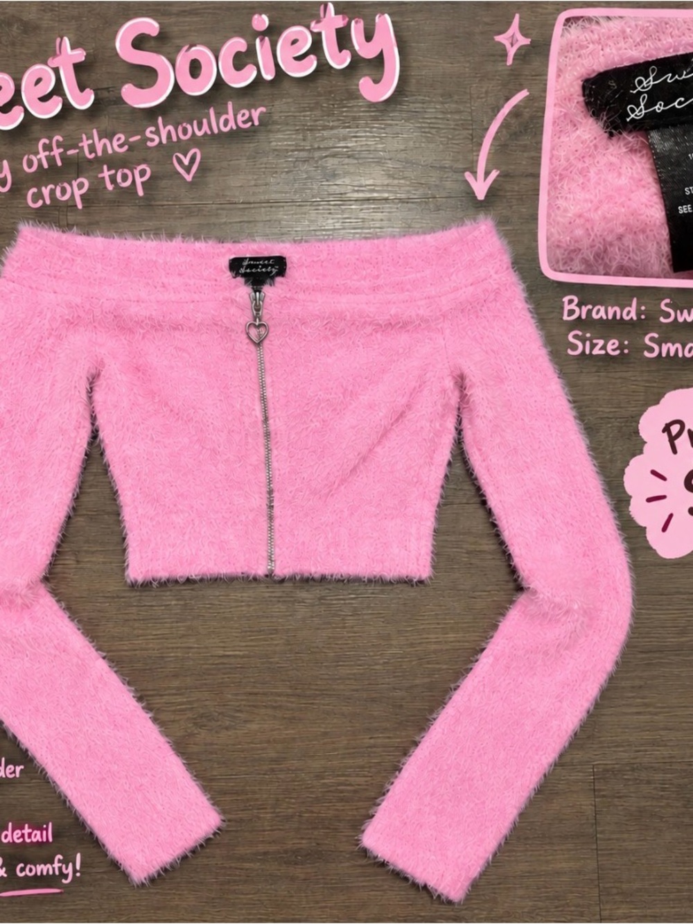 Sweet Society Pink Off-the-Shoulder Fuzzy Zip Crop Sweater